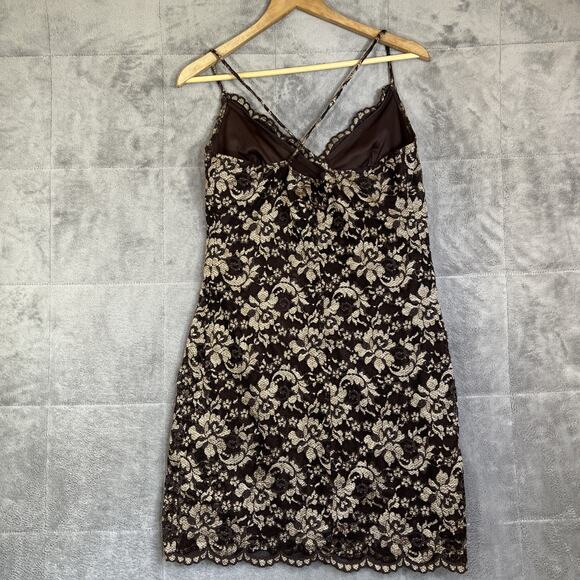 Hugo Buscati Mini Dress Medium Brown Lace Dark Fairy Babydoll Goth Y2K Vtg USA - Picture 2 of 11